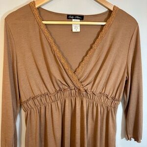 Only Nine Womens Blouse Top M Surplice Crotchet Neck Trim 3/4 Sleeve M Boho USA